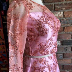 Pink, Sequin & Lace Overlay. 2 piece dress. Cropped Top, Maxi Full Skirt XS-S